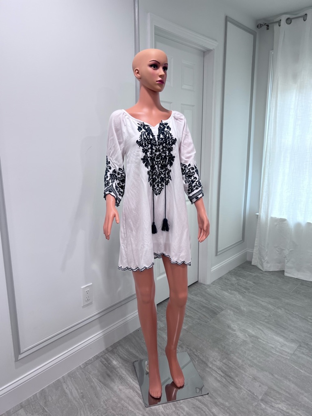 White Mini Dress with Black Embroidered Accents